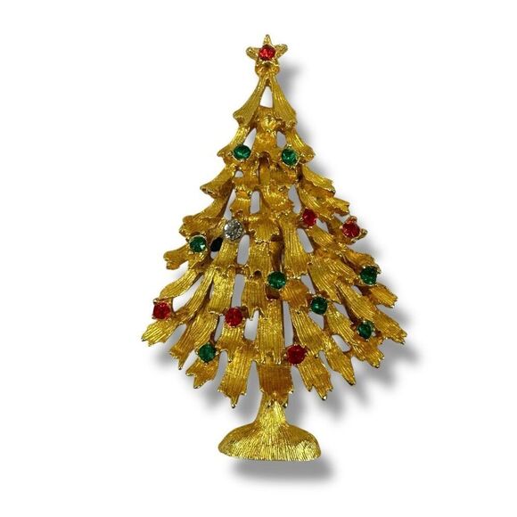 Vintage Weiss Gold Ton Christmass Tree Brooch Pin Red Green Gem Ornament Holiday - Picture 1 of 5